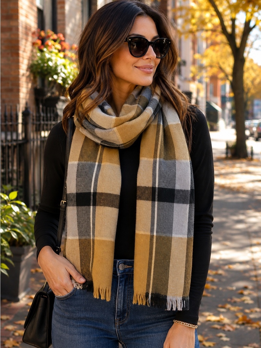 Camel brown gray black plaid check unisex fall winter wool scarf🔥